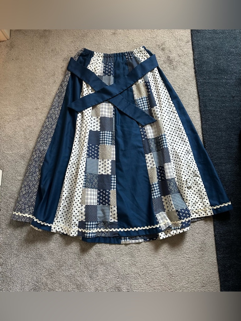 Carefree Fashions Vintage Navy and White Patchwork Maxi Skirt Size L/XL